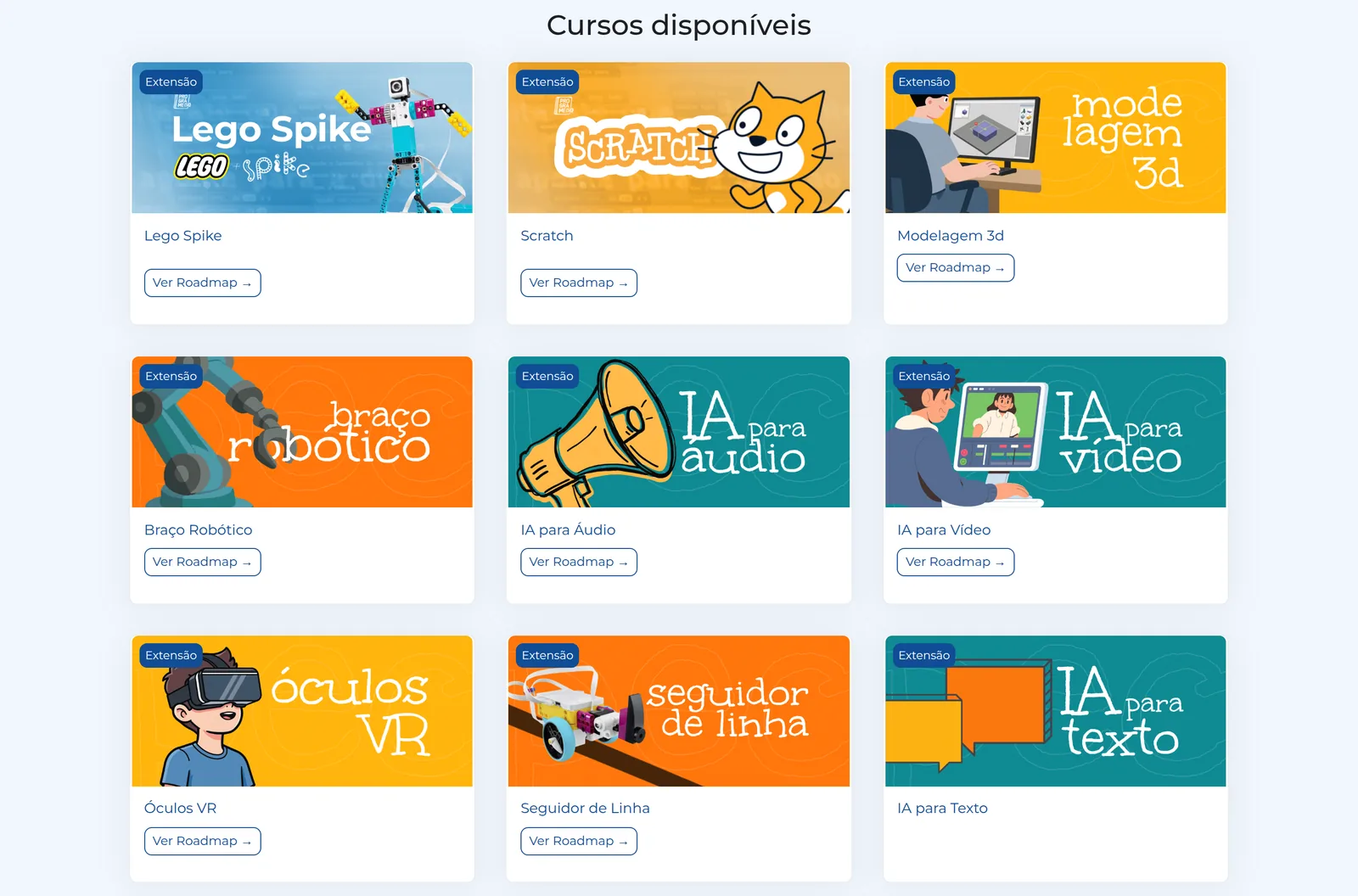 Catálogo do LEDS Academy: grade de cards de cursos como Lego Spike, Scratch, Modelagem 3d, braço robótico, IA para áudio, IA para vídeo, óculos VR e seguidor de linha